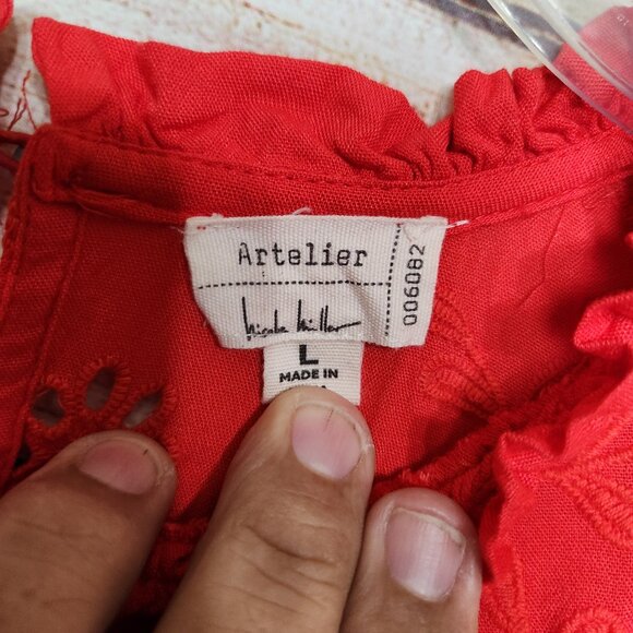 Nicole Miller Womens Artelier Long Sleeve Blouse Embroidered Eyelet Red Large - Picture 7 of 12
